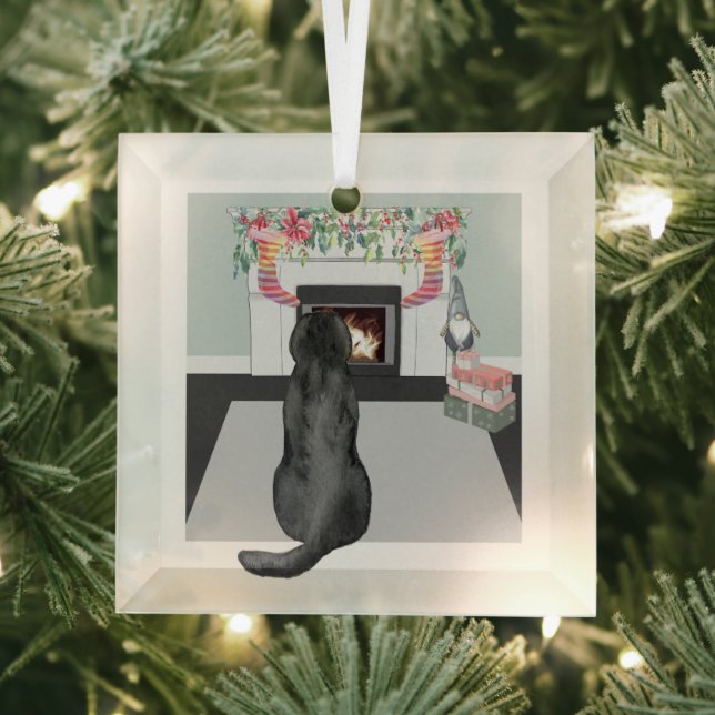 Black Labrador Dog Christmas Fireplace Scene Glass Tree Decoration (Insitu)