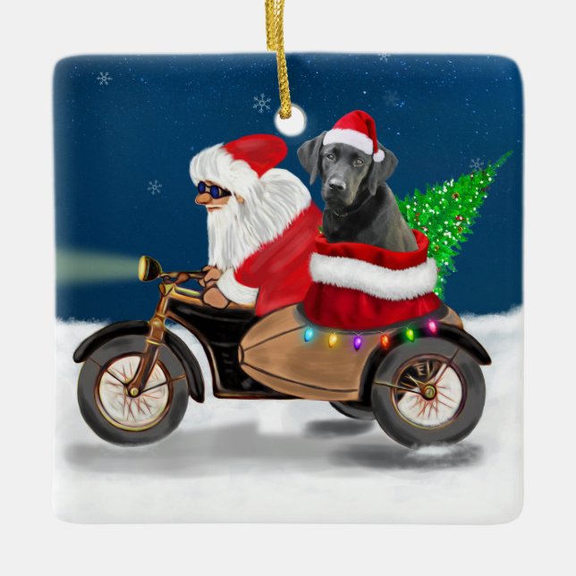Black Labrador Dog Christmas Santa Claus   Ceramic Ornament (Front)