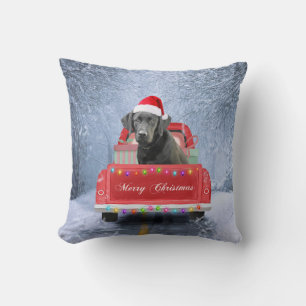 Black Labrador Dog in Snow sitting in Christmas  Cushion