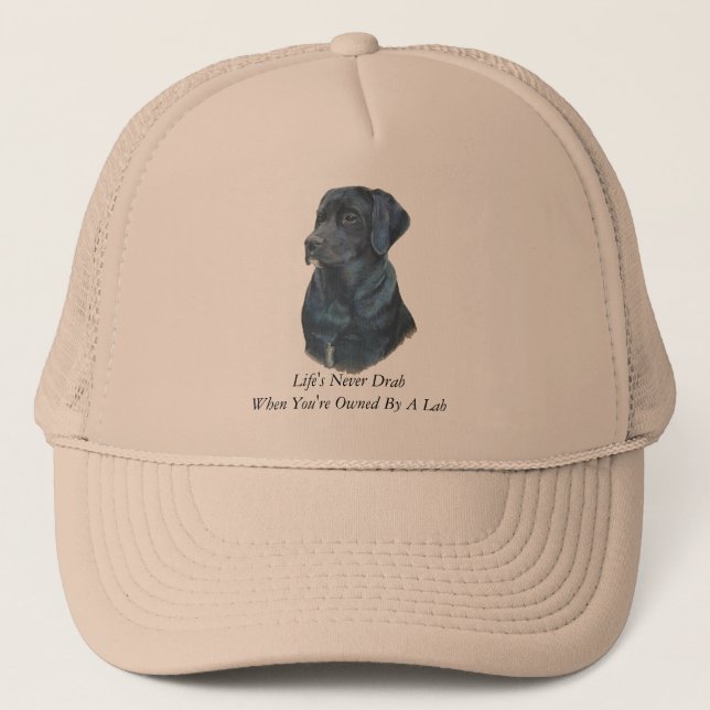 black labrador dog portrait art with fun slogan trucker hat (Front)