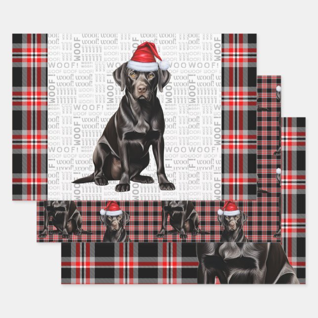 Black Labrador Dog Red Plaid Christmas Wrapping Paper Sheet (Set)