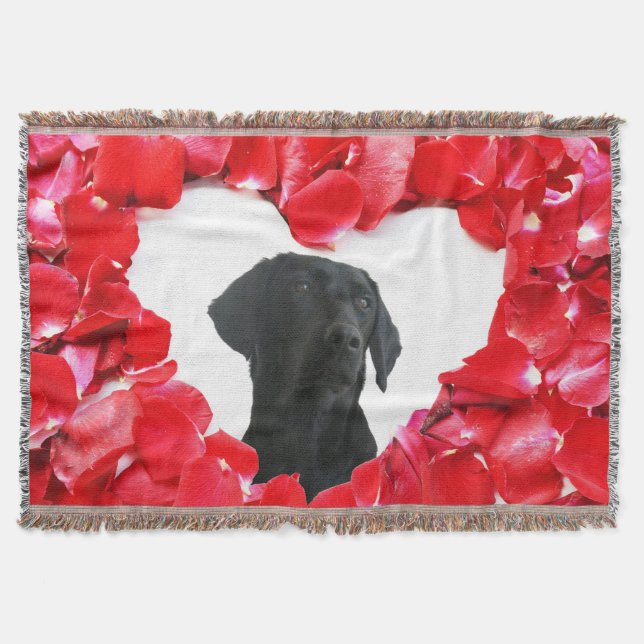 Black Labrador Dog Roses Heart Photo Throw Blanket (Front)