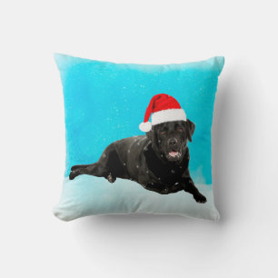 Black Labrador Dog Sitting in Snow Christmas Cushion