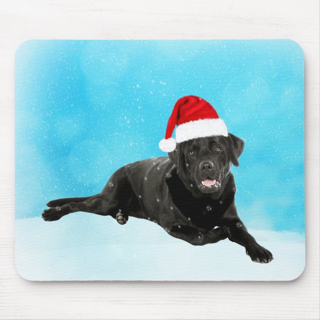 Black Labrador Dog Sitting in Snow Christmas Mouse Pad (Front)