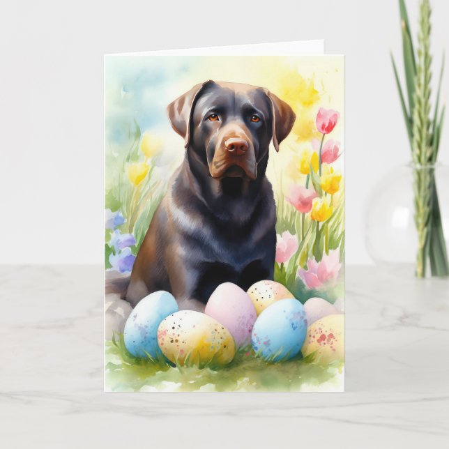 Black Labrador Dog with Easter Eggs Holiday Card (Front)