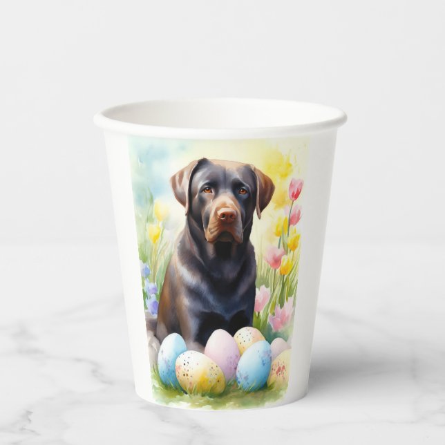 Black Labrador Dog with Easter Eggs Holiday Paper Cups (Front)