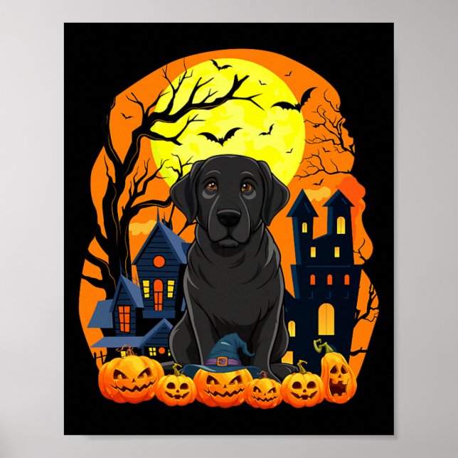 Black Labrador Dog With Pumpkins Funny Scary Poster (Front)