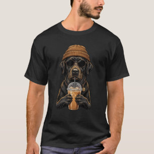 Black Labrador Drinking Iced Coffee Hipster Dog T-Shirt