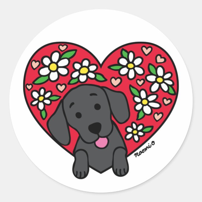 Black Labrador Floral Heart Classic Round Sticker (Front)