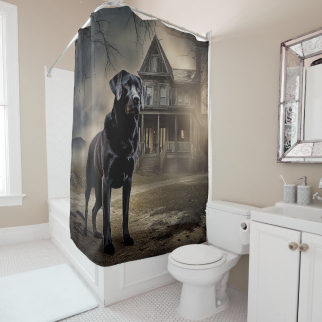 Black Labrador Halloween Scary Shower Curtain (In Situ)
