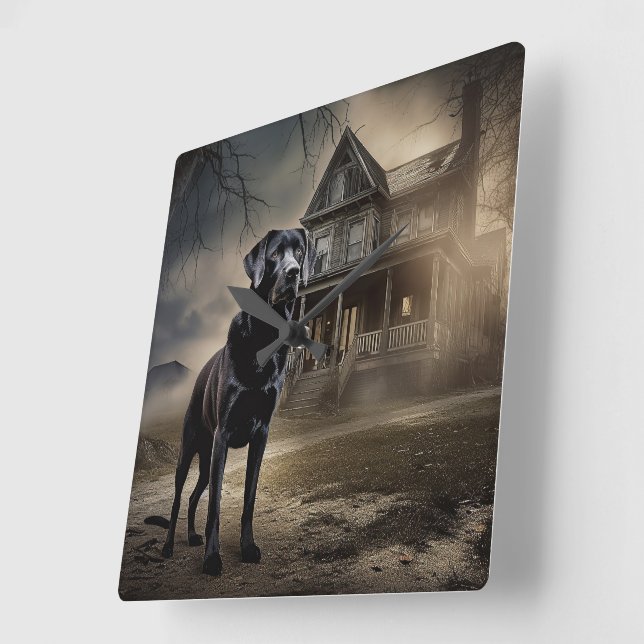 Black Labrador Halloween Scary Square Wall Clock (Angle)