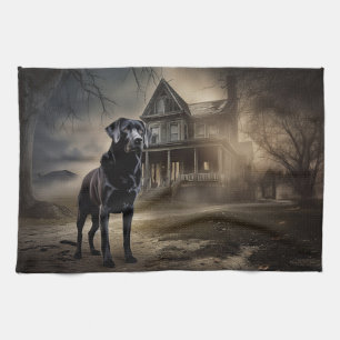 Black Labrador Halloween Scary Tea Towel