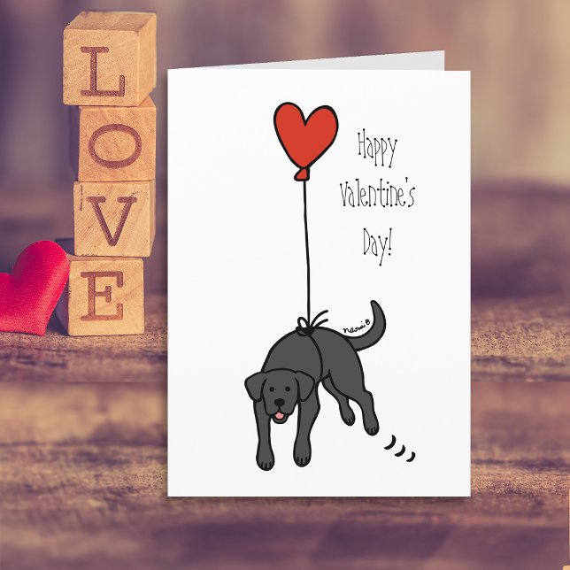 Black Labrador Heart Balloon Valentine Holiday Card (Black Labrador Heart Balloon Valentine's Day Cards for Labrador Owners.  Cartoon Art Design.)