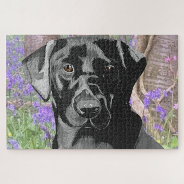 Black Labrador in a Bluebell Wood Jigsaw Puzzle (Horizontal)