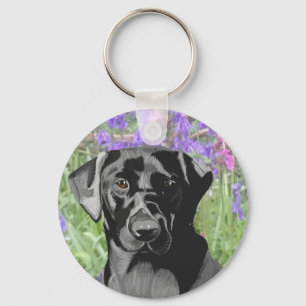 Black Labrador in a Bluebell Wood  Key Ring