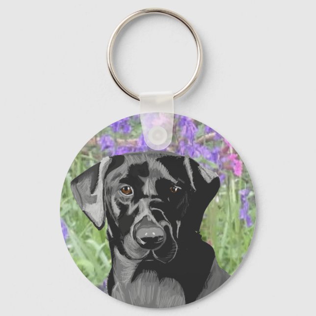 Black Labrador in a Bluebell Wood  Key Ring (Front)