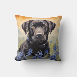 Black Labrador in Bluebonnets Cushion