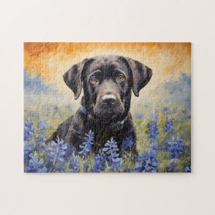 Black Labrador in Bluebonnets Jigsaw Puzzle