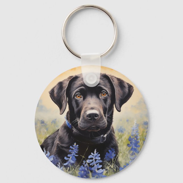 Black Labrador in Bluebonnets Key Ring (Front)