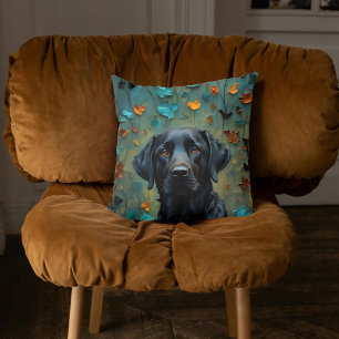 Black Labrador in Leaves Cushion