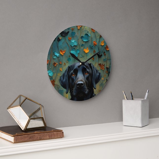 Black Labrador in Leaves Large Clock (Office)
