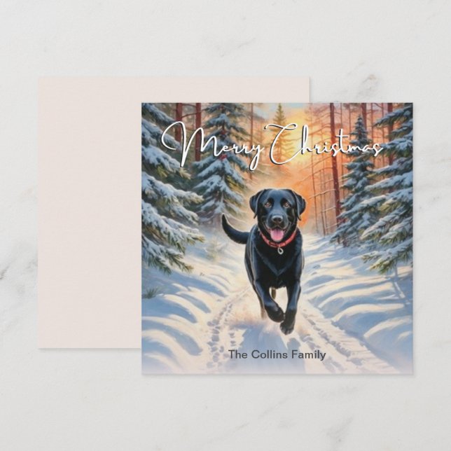 Black Labrador In Snow Winter Merry Christmas Holiday Card (Front/Back)