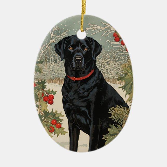 Black Labrador in Winter Ceramic Ornament (Front)