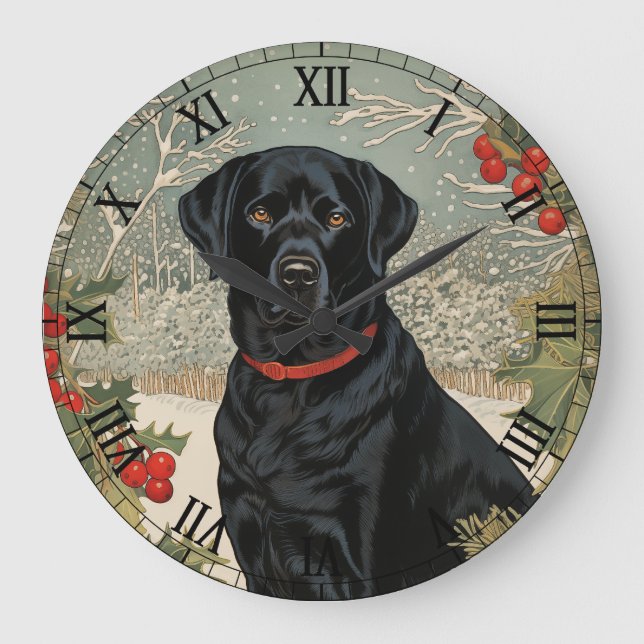 Black Labrador in Winter Large Clock (Front)