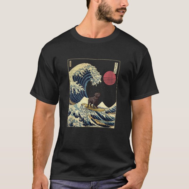 Black Labrador Japanese Kanagawa Wave Funny Surf D T-Shirt (Front)