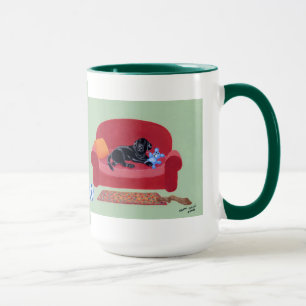 Black Labrador on the pink couch Painting Mug