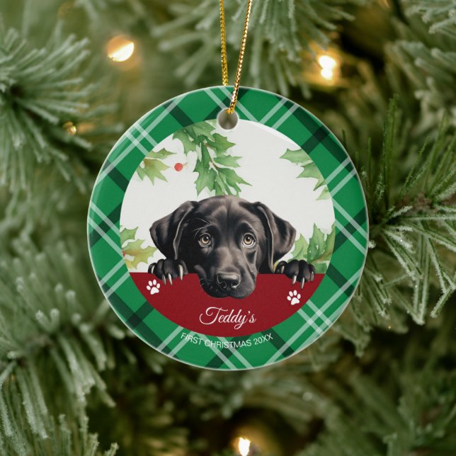 Black Labrador Personalised First Christmas Ceramic Ornament (Tree)