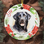 Black Labrador Personalized Pet Dog Christmas Ceramic Ornament<br><div class="desc">Decorate your tree or give a special gift this holiday season with this elegant Merry Christmas black labrador retriever in a wreath design christmas ornament, and matching decor. This black labrador christmas ornament features a watercolor dog in a green and red wreath with holly and berries. Personalize with name front,...</div>