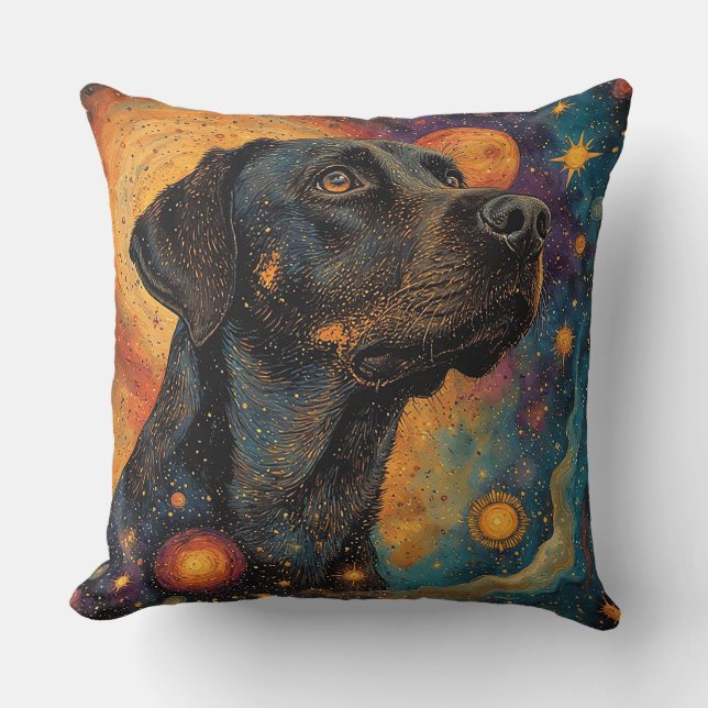 Black Labrador Portrait in a Cosmic Space Cushion (Front)