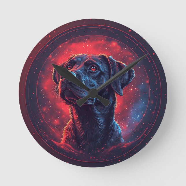 Black Labrador Portrait in a Cosmic Space Round Clock (Front)