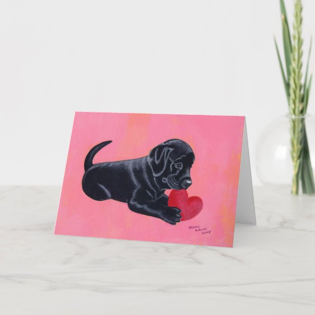 Black Labrador Puppy and Heart Holiday Card (Front)
