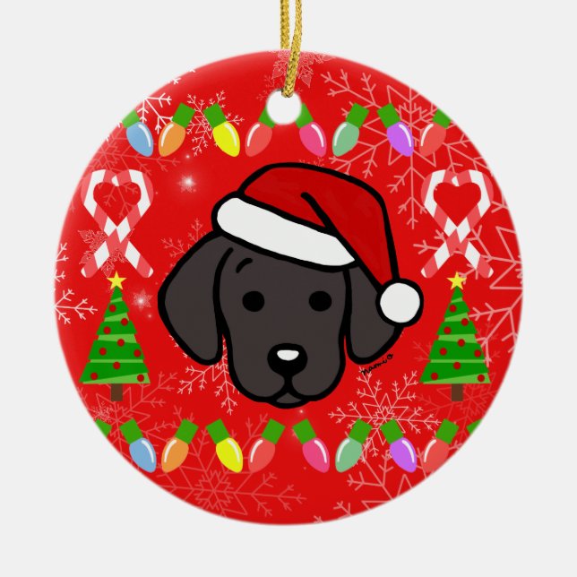 Black Labrador Puppy Christmas Pattern Ceramic Tree Decoration (Front)