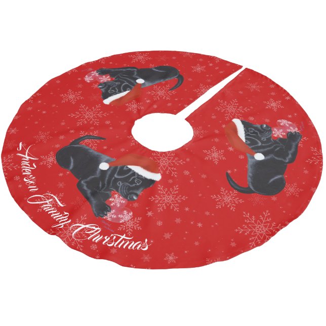Black Labrador Puppy Christmas Snowflake Brushed Polyester Tree Skirt (Angled)