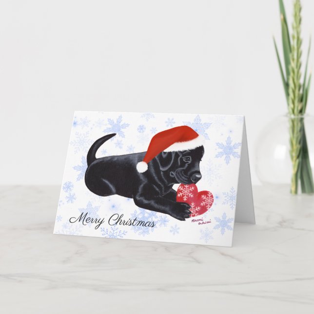 Black Labrador Puppy Christmas Snowflake Holiday Card (Front)