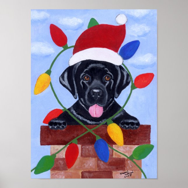 Black Labrador Puppy Santa Artwork Poster (Front)