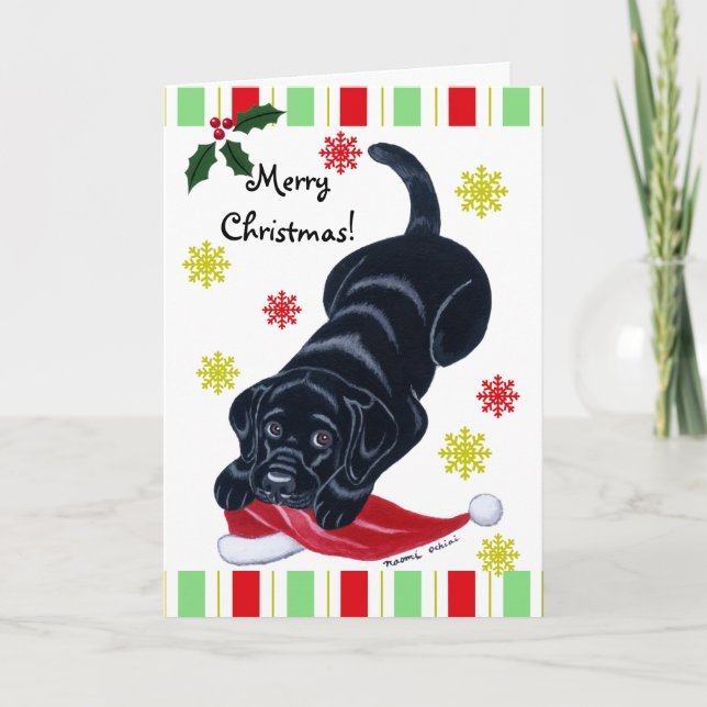 Black Labrador Puppy & Santa Hat Christmas Holiday Card (Front)