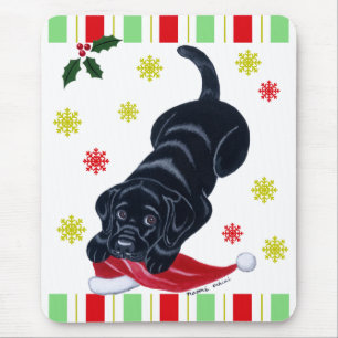 Black Labrador Puppy & Santa Hat Christmas Mouse Pad