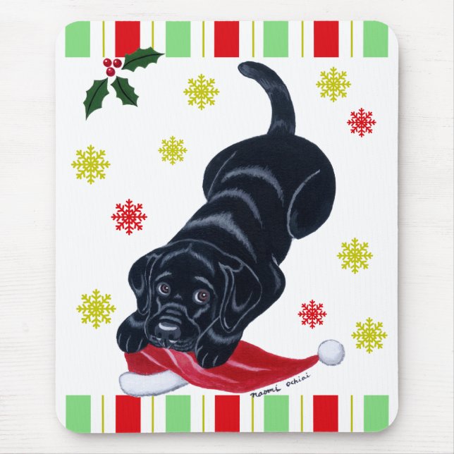 Black Labrador Puppy & Santa Hat Christmas Mouse Pad (Front)