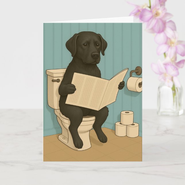 Black Labrador Reading Newspaper on Toilet Card (Orchid)