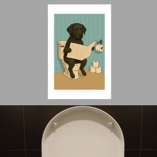 Black Labrador Reading Newspaper on Toilet Poster