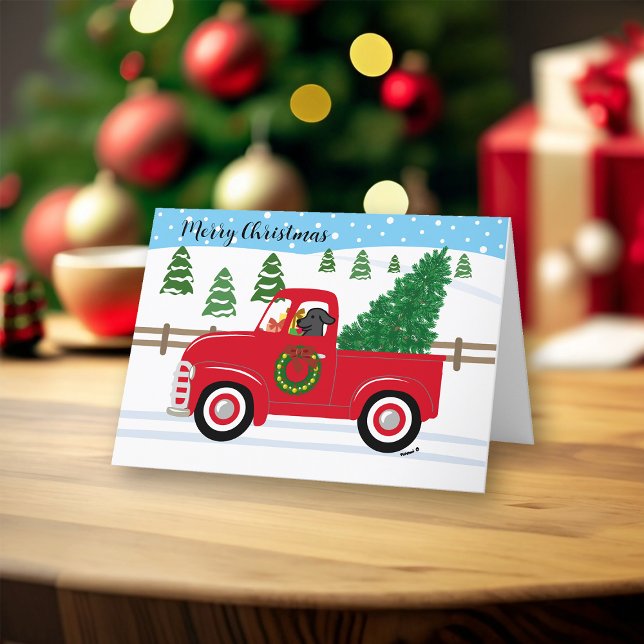 Black Labrador Red Truck Christmas Holiday Card (Black Labrador and Vintage Red Truck Design Christmas Cards for Black Labrador Owners. )
