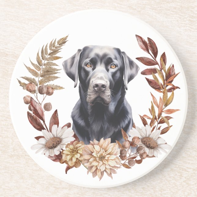 Black Labrador Retriever Autumn Wreath Coaster (Front)