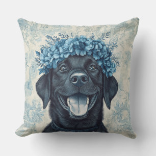Black Labrador Retriever Blue Floral Cushion