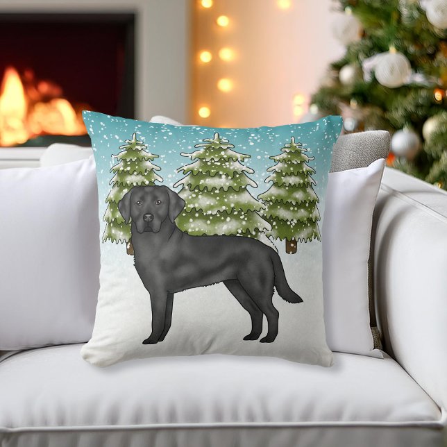 Black Labrador Retriever Blue Snowy Winter Forest Cushion (Creator Uploaded)