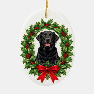 Black Labrador Retriever Christmas Holly Wreath Ceramic Ornament