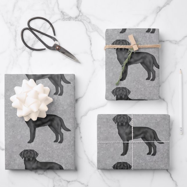Black Labrador Retriever Cute Dog Pattern Grey Wrapping Paper Sheet (Front)
